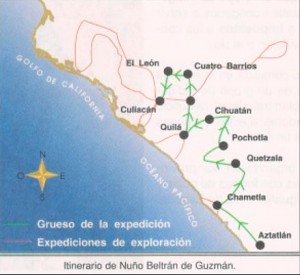 Mapa de la ruta conquistadora de Nuño Beltrán de Guzmán